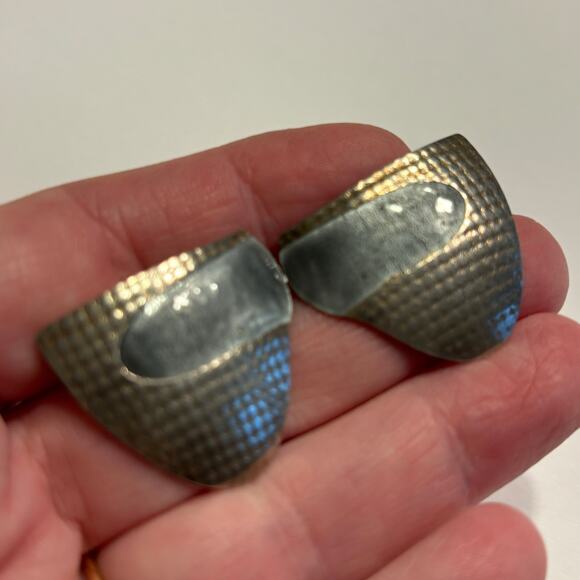 Artisan made pierced earrings silver & blue enamel abstract textured unique - Picture 5 of 6